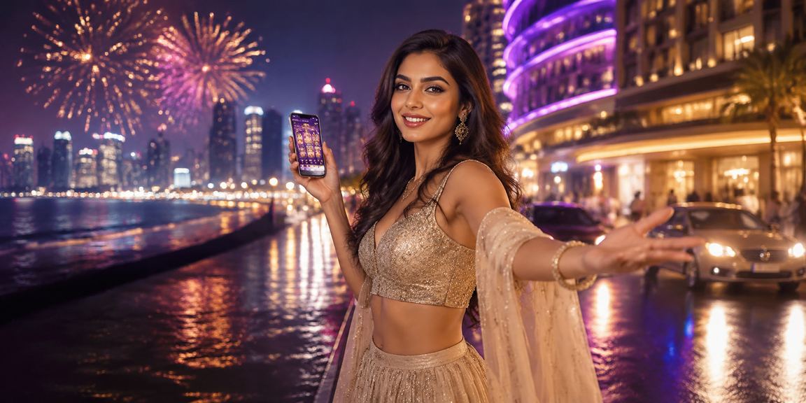 A vibrant night view of Mumbai Marine Drive with glowing neon lights and Bollywood vibes